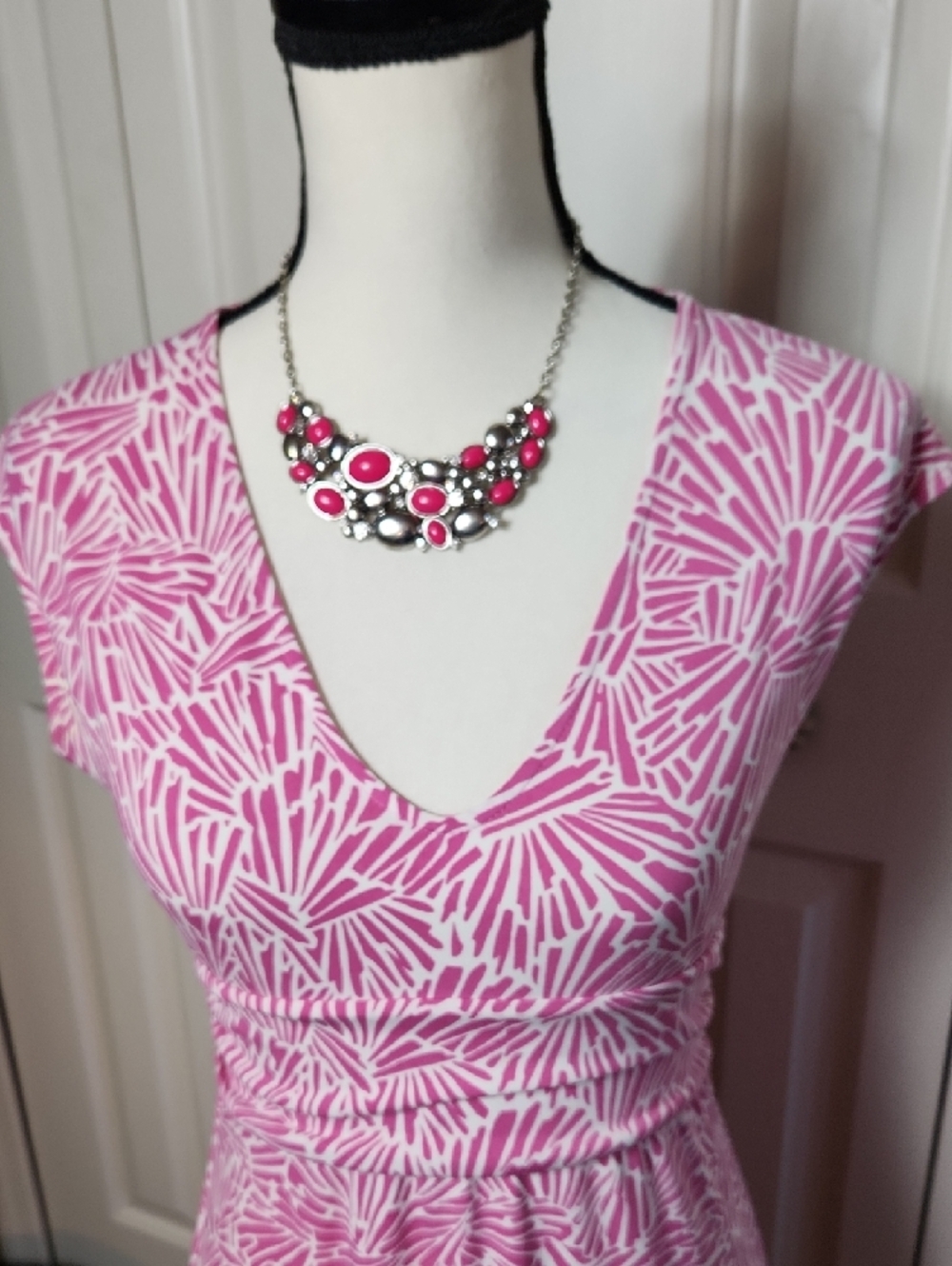 BCBGMaxAzria Pink and White V-Neck Midi Dress - Picture 3 of 12